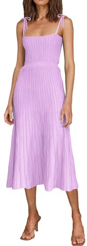 ARTFREE Damen Rippstrick-Sommer-Maxikleider mit Bindebändern und quadratischem Ausschnitt, langes Partykleid, Flieder, Groß