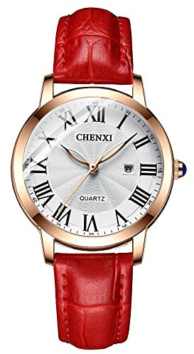 Tiong Uhren Damen Einfache Stil Armbanduhr Quarzuhr Rotes Lederarmband Uhr Römische Ziffern Analoge Uhr Quarzuhr für Frauen…