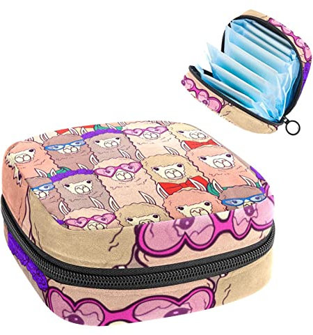 Pink Alpaka Lama Brille Fliege Period Pouch Portable Tampon Aufbewahrungstasche Tampon Halter für Geldbörse Feminine Produkt Organizer, Mehrfarbig, 4.7x6.6x6.6 in/12x17x17 cm