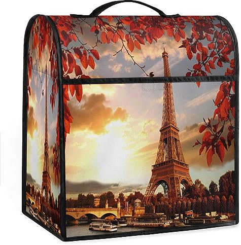 Housse de mixeur sur pied, motif tour Eiffel - Feuilles d'automne - Décoration d'intérieur en polyester anti-poussière avec poches pour batteur sur socle, compatible avec mixeur sur socle de 6 à 8