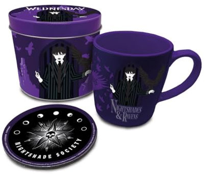 Wednesday-Geschenkset mit Tasse und Untersetzer in Geschenkdose (Nachtschatten und Raben-Design) 325ml Keramik-Kaffeebecher - Offizielles Merchandise
