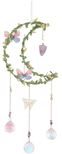 EDWINENE Sonnenfänger Kristall Windspiel - Grüne Blätter Regenbogenkristalle Anhänger um den Mond gewickelt für Garten Sonnenfänger-Kristall-Anhänger Dekoration (ROSA)