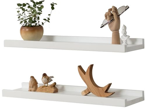 Gieanoo Wandregal Weiß, 2er Set, 60cm Massives Eichenholz Schweberegale Bilderleiste Weiss Regalbrett weiß Für Schlafzimmer, Küche, Arbeitszimmer,kinderzimmer Wandboard Weiss
