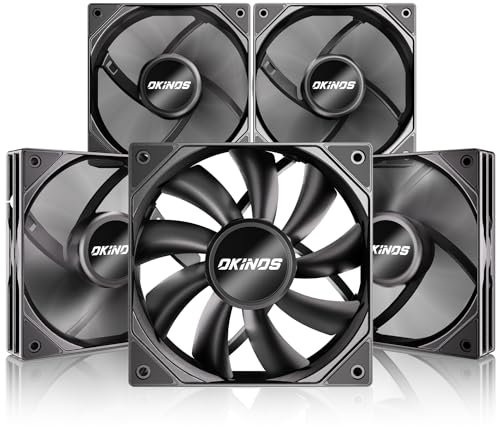 Okinos, 5 Pack, 120mm PWM Case Fans – 4-Pin Silent PC Fans, 1500 RPM High Airflow 67CFM, Low-Noise 28 dBA, Quiet Stealth Mode, Anti-Shock Pads, PWM Sharing w/ 1-to-3 Splitter Cable, Hurricane Series