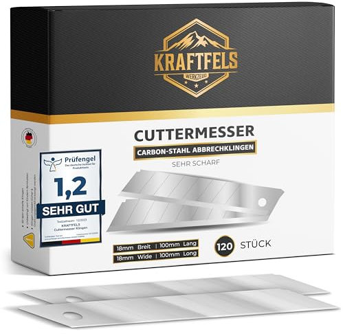 KRAFTFELS 120x Profi Cuttermesser Klingen 18mm - Ersatzklingen Cuttermesser aus hochwertigem Carbonstahl - Klingen Cuttermesser - Ultra scharf & stabil - Abbrechklingen für Cutter Messer – Silber…
