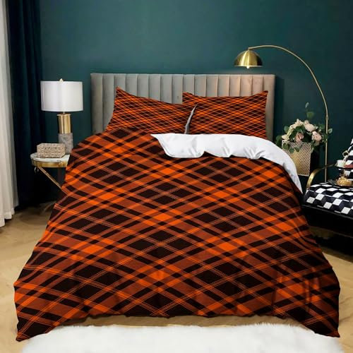 Bettwäsche 135x200 cm Orange Karierte Streifen Bettwäsche 3 teilig Flauschige Weich Mikrofaser Bettbezug Jugendliche Mädchen Jungen mit 80x80 cm Kissenbezug
