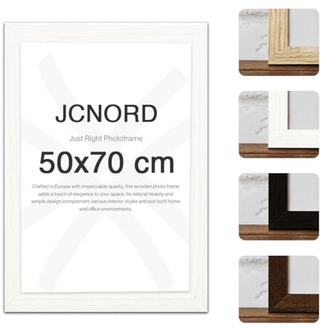 JCNORD Weißer MDF Holz Bilderrahmen 50x70 cm mit bruchsicherem Acrylglas | Moderner Fotorahmen für Wände und Tische
