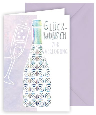 KE - Edle Glückwunschkarte zur Verlobung, Verlobungskarte, Verlobungsglückwünsche, Schrift mit silberner Folie geprägt, inkl. Umschlag, DIN B6 Format, lila, Motiv: Sektflasche
