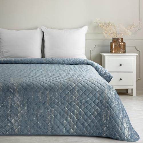 Eurofirany Marmor Decke Tagesecke mit elegantem Muster für Doppelbett Samt Velours Glamour Dekorativer Bettüberwurf (Blau+Silber, 220X240 cm), BLINK3