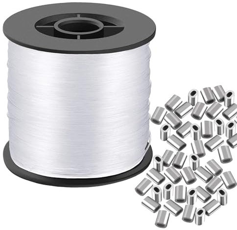 Lonimia 0.8MM 200M Nylonfaden Transparent Reißfest,Durchsichtige Starker Nylonschnur,Zum Aufhängen Unsichtbarer Faden Dekoration für Angel,Basteln,Schmuck,Crafts mit 100 Crimphülsen aus Aluminium