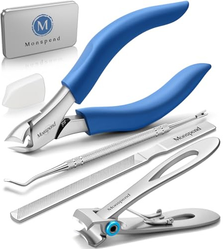 Monspend Nail Clipper for Men - Large, Thick Nails & Toenails, Easy Grip Rubber Handle, Podiatrist Approved, Clamp Style for Seniors, Dual Use for Hands & Feet, Aluminum Storage Box (Blue)