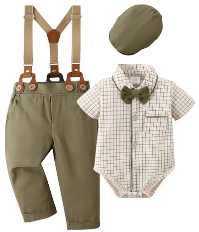 Amissz Baby Boy Gentleman Clothes Suit Infant Formal Long Sleeve Tuxedo Romper Jumpsuit + Suspender Pants + Beret Hat 3pcs Dark green, 12-18 months