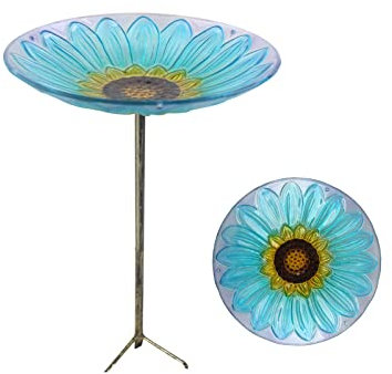 LLMTYO Vogelbad aus Glas, Vogelbäder für draußen, Vogelfutterspender für den Garten mit Metallpfahl für Garten, Hinterhof, Terrasse, Zaun, Terrassenbelag, Dekor (C)
