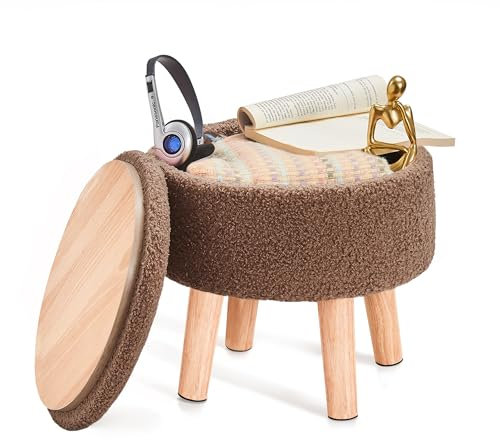 BRIAN & DANY Footstool with Storage, Small Storage Ottoman, Teddy Fleece Round Stool with Lid, Sherpa Foot Stool with Legs for Living Room Entryway, Brown