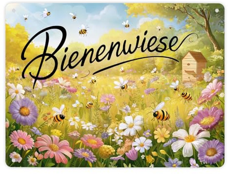 Bienenwiese Metallschild XL in 21x28 cm mit bunter Blumenillustration Bienenstock im Sonnenlicht zieht Bienen an die Nektar sammeln