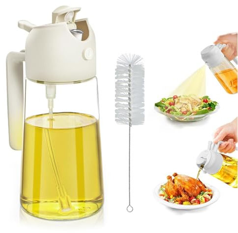 KYEDGC Oil Spray Bottle, 470ml/ 15.8fl oz Oil Sprayer, 2 In 1 Dispenser and Spray Oil with Non-Drip Spout suitable for a wide range of food preparation processes dressing, griddle(Creamy White)