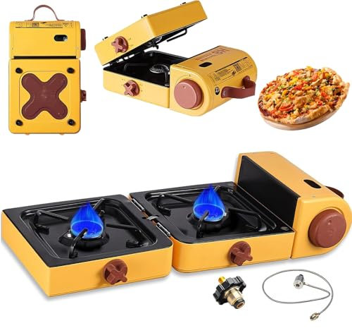 Estufa de camping portátil de gas, 2 quemadores con tapa, 2 x 2300 W, cocina de mesa for exteriores, control de temperatura ajustable, encendido automático for picnic, barbacoa, senderismo, viaje por