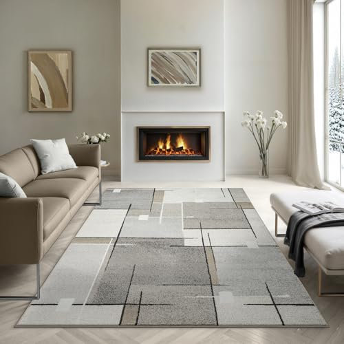 the carpet - Pearl - Tapis à Poils Courts et denses - Moderne - pour Salon et Chambre à Coucher - Découpe des Contours - Motif géométrique - À Carreaux - Beige - 120 x 160 cm