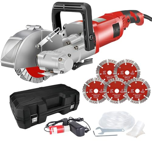 Rainureuse Murale 4000 W Fraise électrique avec 5 Disques à Tronçonner Diamantés 125 mm, Aspiration de Poussière Profondeur de Rainure de 37 mm, pour Marbre, Granit, Béton,Red