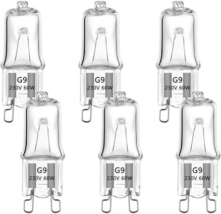 VINBE 60W G9 Halogen Light Bulb Two Prong Looped Pins for Cabinet Lights, Landscape Lights, Desk and Floor Lamps, Wall Sconces, Dimmable, 230V, Warm White(2700k, 6pcs)