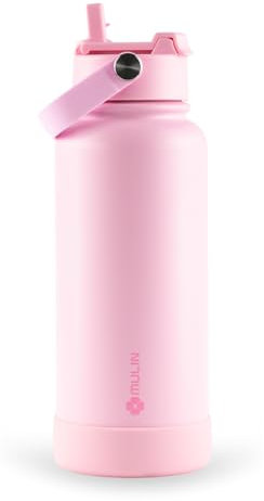MULIN Insulated 1 Litre Water Bottle with Straw, Aluminium Sports Bottle, Double Layer Vacuum Insulated, Leak Proof, Suitable for Home, Office, Camping, Gym/Pink