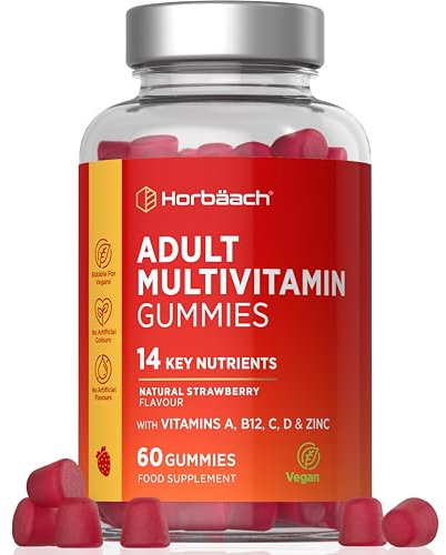 Multivitamin Gummies | 14 Vitamine und Mineralstoffen mit Jod, Vitamin C, A, D, E, Biotin, Zink & mehr | 60 Gummibärchen für Erwachsene | Natürliche mit Erdbeergeschmack | Horbaach
