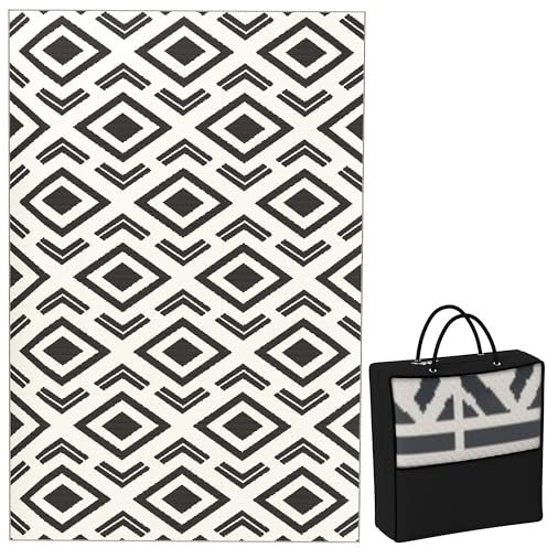 Outsunny Outdoor Teppich robuster Wetterfest Outdoorteppich mit Tragtasche, faltbar Carpet Boho-Style, Outdoor-Teppich für Wohnzimmer Balkon Garten Terrasse Bad Flur Küche, 182 x 274 cm Schwarz+Weiß