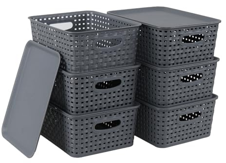Knifefish 6-Pack Plastic Rattan Storage Baskets with Lids, Woven Organiser Basket Box for Kitchen, Barthroom, Shelves, Gray