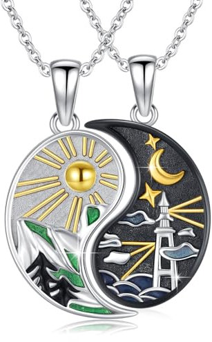 Waysles Yin Yang passende Halskette 925 Sterling Silber 2 Stücke Berg und Leuchttürme Anhänger Tag und Nacht BFF Halskette Paar Freundschaft Schmuck Reisegeschenke für Reisende Liebhaber Freundschaft