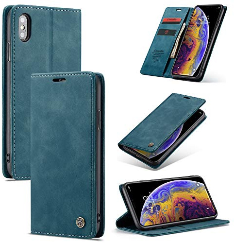 WJXEXRS Handyhülle für iPhone X/iPhone XS Hülle Premium Leder Schutzhülle Klappbar mit Kartenfach Ständer Magnet Handytasche mit Flip Case Klapphülle für iPhone X/iPhone XS -Blaugrün