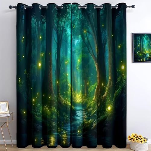 Srigzcaly Anime-Glühwürmchen erleuchten den Waldweg Verdunkelungsvorhang Grün, 2er Set Blickdichte Vorhänge mit Ösen H215 x B110 cm, Polyester Gardinen für Schlafzimmer Wohnzimmer Kinderzimmer