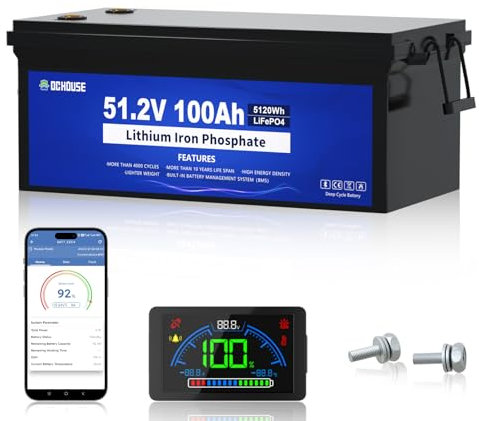 DCHOUSE Bluetooth 48V 100Ah LiFePO4 batería, integrado 200A BMS, con monitor LCD, pico de corriente 600A, hasta 4000+ ciclos profundos batería de litio para carritos de golf, sistemas solares, autocar