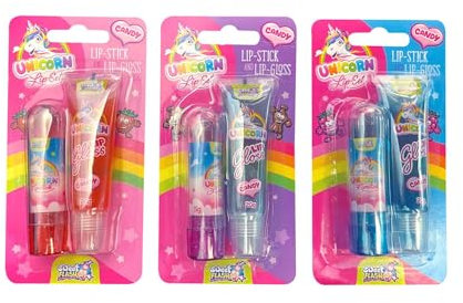 Unicorn Lip Set im 3er Pack | 3x Lolly in Lippenstift-Form+ 3x Candy Lipgloss | 3 Fruchtgeschmäcker | Süßes Geschenk für Kinder & Teens und Kindergeburtstage | (Einhorn-Design)
