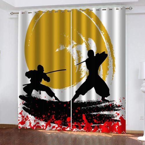 Vorhang Blickdicht Japanisch Vorhänge Orientalische Kampfkünste Gardinen Wohnzimmer Schlafzimmer Verdunklungsvorhänge Thermovorhang 3D Druck Vorhang mit Ösen 2er Set B 110 x H 215 cm a.7396