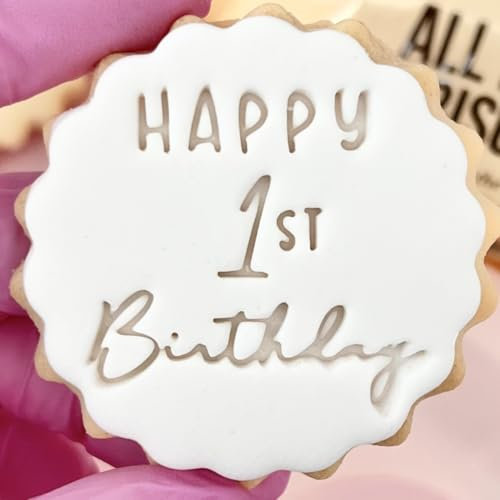 Happy 1st Birthday Cookie Cutter Stamp Embosser fits m&s Biscuits Great for Fondant Icing First Birthday 1st Reusable Marks and Spencers Party Favours Free Matching Cutter
