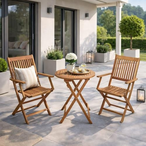 ESTEXO Balkonset Gartenmöbel Set Klappstühle mit Armlehne Klapptisch Ø 57cm Rund Akazie