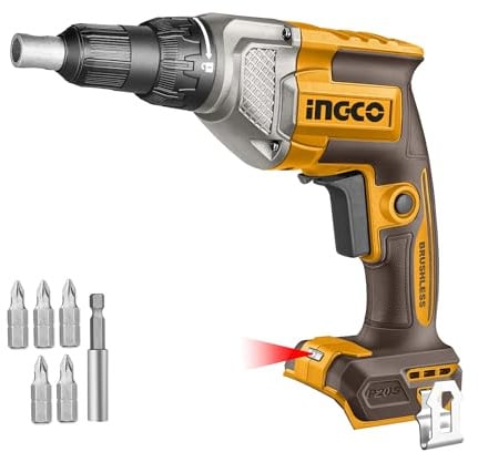 INGCO 20V Cordless Drywall Screwdriver (Body Only), Brushless Motor, Adjustable Depth, 4200RPM with 5Pcs Screwdriver Bits,1Pcs Bit HolderCDSLI20428