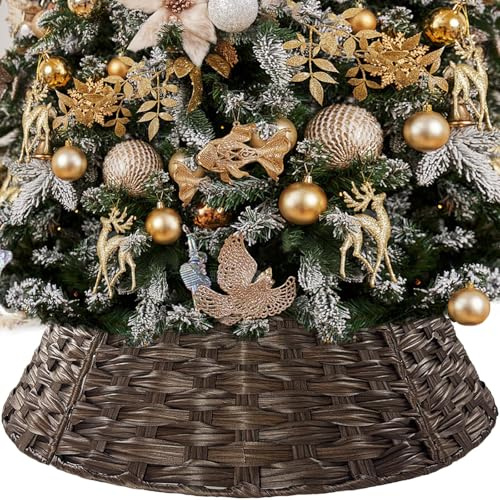 Round Plastic Christmas Tree Skirt-19cm H 40cm Top & 60cm,Wicker Christmas Tree Base Stand Cover Collar,Rattan Xmas Tree Skirt Basket