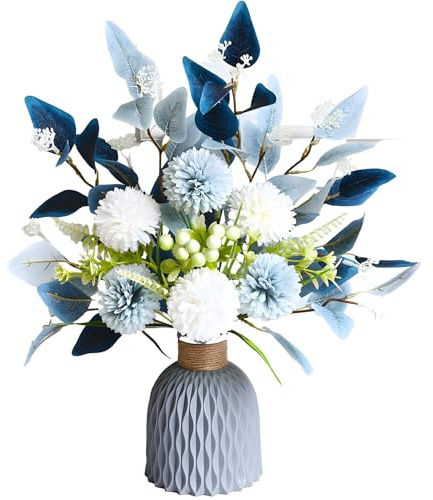 Packool Hydrangea Artificial Flowers in Vase, Blue and White Faux Hydrangea Arrangement, Modern Gray Textured Vase, Elegant Wedding and Home Decoration