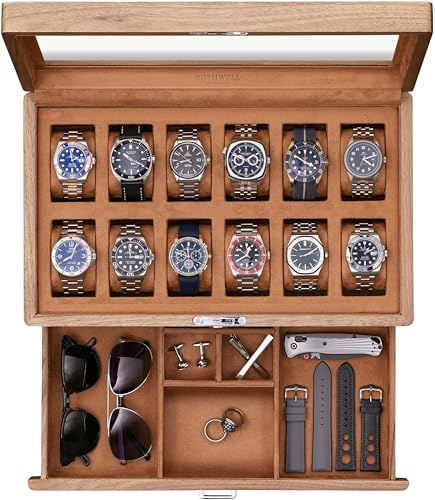 ROTHWELL Uhrenbox mit 12 Fächern, massives Walnussholz, mit Schublade, Premium-Schmuckvitrine mit verschließbarer Glasplatte und Mikrovelours-Auskleidung für Damen und Herren, Hellbraun