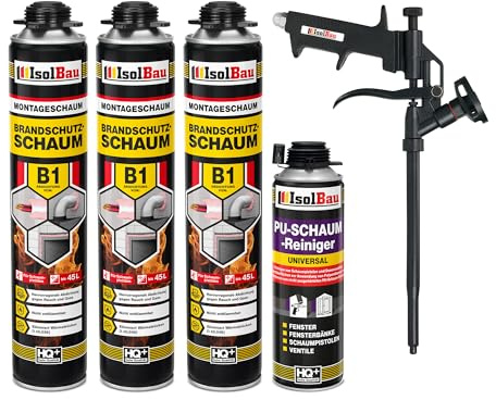 Isolbau - Bauschaum B1 - Montageschaum - PU-Schaum 3 x 750 ml - Pistolenschaum,1 x PU-Schaum-Reiniger & 1 x Schaumpistole - 1K Brandschutzschaum - Dämmschaum - Abdichtung, Wärmedämmung