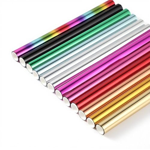 12 Rolle Tonersensible Folie 12 FarbenTransferfolie Papier Metallic Foil Heißfolienpapierrollen für Scrapbooking, Prägen, Kartenbasteln, DIY-Bastelarbeiten (130cm x 15cm)