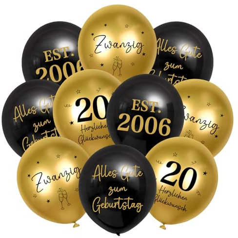 HUKUMA 24 Stück Deko 20. Geburtstag,20er Deko Mann Frauen,Luftballons Gold Schwarz Männer,Happy Birthday Latex Ballons,Alles Gute zum Geburtstag Geburtstagsdeko