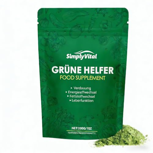 Grüne Helfer Entgiftungspulver 200g Vegan Superfood Greens Pulver, Pflanzenpulver mit Matcha/Gerstengras/Spirulina, Reich an Vitaminen Mineralstoffen & Präbiotischem Inulin für Ausgewogene Ernährung