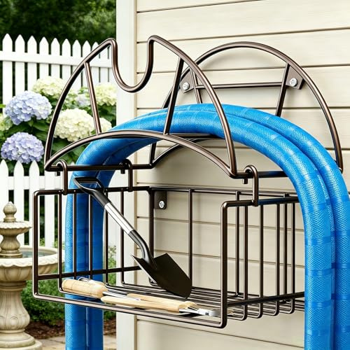 Gartenschlauchhalter, Schlauchhalter Wand, Wasserschlauchhalter, Wandhalterung, Schlauchhalter Aus Metall Mit Aufbewahrungskorb, Schlauch Halterung Für Draußen, Hof, Garten, Garage