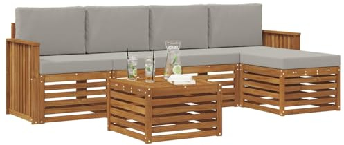 vidaXL Sofagarnituren 6 pcs Natürlich und Hellgrau Massivholz Akazie, Moderner Garten-Sofa, haltbare Terrasse Sitzgelegenheiten, bequemes Lounge-Möbel für draußen