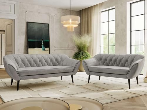 MKS MEBLE Sofagarnitur PIRS 3 + 2 - Couchgarnitur im skandinavischen Design, Gesteppte Polsterung, Wellenfederung, Wohnzimmer Sofa Set - Schwarze Beine, Hellgrau Velvet