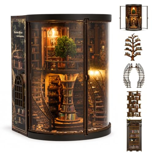 VeftBltrem Book Nook Kit para adultos con luz LED, DIY casa en miniatura como decoración de estantería, rompecabezas de madera 3D, sujetalibros, anillos de sabiduría Booknook, archivo de libros