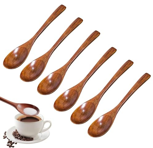 Zueyen 6 cucharas de madera de 14 cm, cucharas de madera natural, cucharillas de café de madera natural, cubiertos ecológicos, cucharas soperas, para miel, especias, postres y cereales, accesorios de