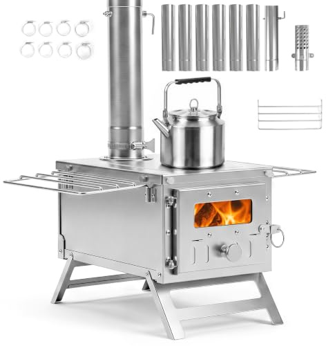 COSTWAY Hot Tent Stove, Camping Tent Stove (Silver, 45 x 37 x 219cm) | Stainless Steel Wood Burning Stove with 7 Chimney Pipes and Spark Arrestor, for Heating, Cooking, Ice Fishing & Hunting
